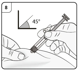 Dibujo técnico que muestra una mano que sostiene una jeringa inclinada a 45 grados respecto a la piel para la