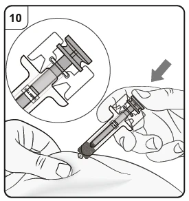 Dibujo técnico que muestra manos que sostienen una jeringa para inyectar un medicamento en la piel con un aumento del detalle del dispositivo
