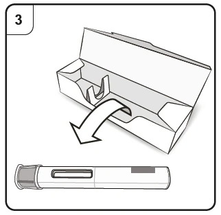 Dibujo técnico de una pluma inyectora que se extrae de un estuche de cartón blanco mediante una flecha curva que indica el movimiento