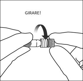 Two hands hold a medical container and rotate it clockwise following a curved arrow with the word 'GIRARE' above