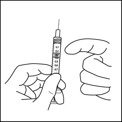 Black-and-white drawing of two hands holding a graduated syringe with the needle pointing upward