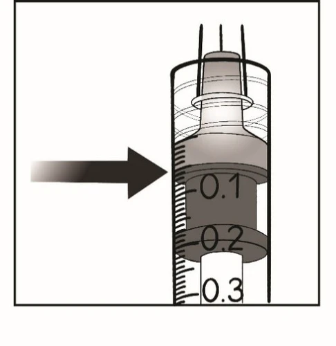 Illustration of a syringe with a black arrow indicating the 0.1 ml dose level on the graduated scale of the barrel