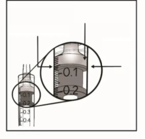 Close-up of a graduated syringe showing millimeter marks and the numbers 0.1 and 0.2 to indicate precise liquid dosing