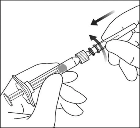 Two hands rotate a part of a syringe to attach a needle or device using a circular motion indicated by black arrows