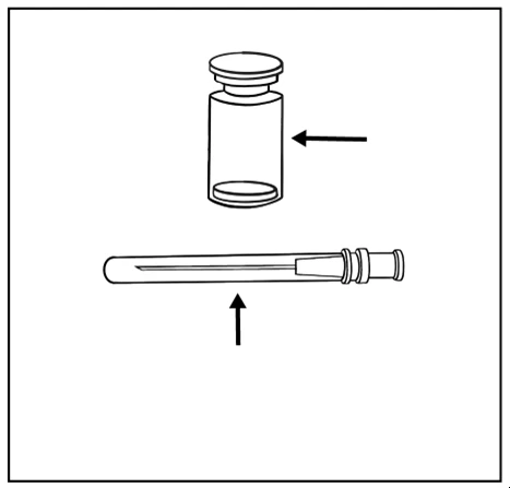 Schematic drawing of a glass vial with a stopper and a horizontal needle with syringe indicated by black arrows