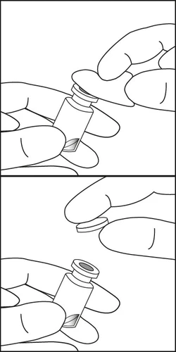 Black-and-white drawing showing two hands removing the rubber stopper from a glass vial to prepare it for use