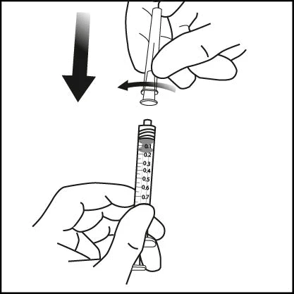 One hand inserts a needle into a graduated syringe with a downward movement indicated by a black and a gray arrow