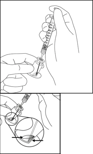 Technical drawing showing two hands preparing a syringe and a close-up detail of the tip