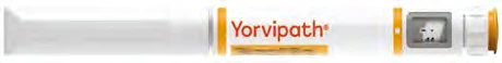 Горизонтальная белая автоинжекционная ручка с оранжевыми надписями Yorvipath и небольшим прозрачным окном, показывающим внутреннее содержимое