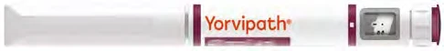 Горизонтальная белая инъекционная ручка с оранжевыми надписями Yorvipath, бордовыми деталями и прозрачным окном, показывающим внутреннее содержимое