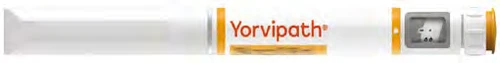 Горизонтальная белая инъекционная ручка с оранжевыми надписями Yorvipath и небольшим прямоугольным окном, показывающим внутреннее жидкое содержимое