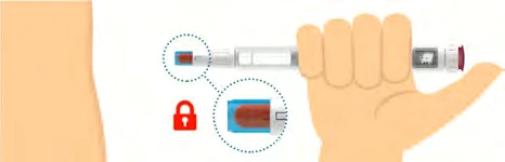 Рука держит инъекционную ручку рядом с боком, с увеличением, показывающим красный замок, указывающий на блокировку
