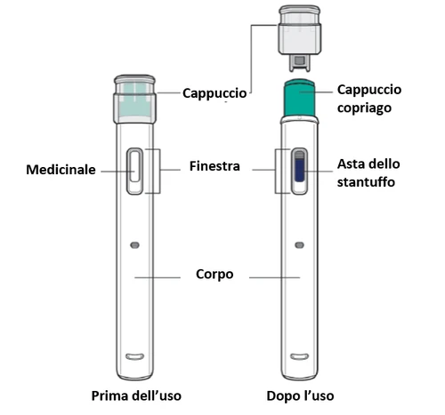 Diagram urządzenia medycznego z oznaczonymi częściami: kapturz, lekarstwo, okienko, cylinder, tłoczek i osłonka igły przed i po