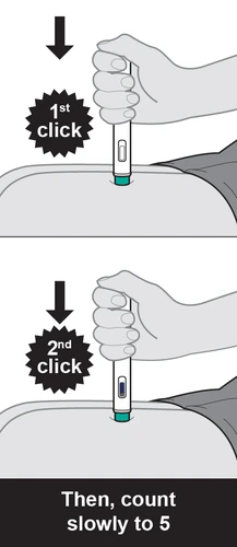 Diagram dwuetapowy pokazujący rękę naciskającą urządzenie medyczne na skórę, wskazujący pierwszy i drugi klik z odliczaniem do 5