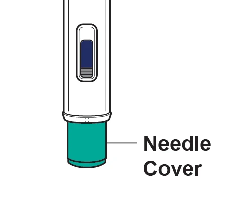 Rysunek techniczny pióra iniekcyjnego z niebieskim okienkiem kontrolnym i zieloną dolną częścią oznaczoną jako Needle Cover
