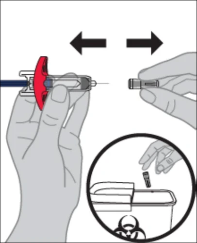 Ręce łączące urządzenie medyczne z komponentem z kierunkowymi strzałkami i ramką pokazującą usuwanie do pojemnika na odpady biologiczne