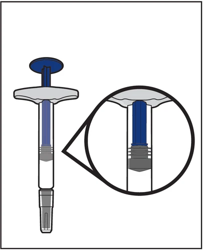 Diagram techniczny strzykawki z okrągłym powiększeniem pokazującym szczegół niebieskiego tłoczka i wewnętrznej szarej podstawy