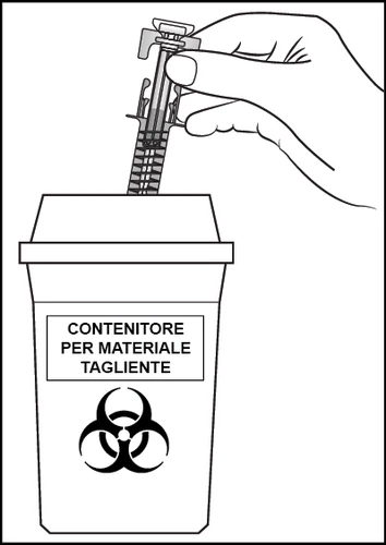 Una mano introduce una jeringa usada en un recipiente para objetos punzantes con el símbolo de riesgo biológico