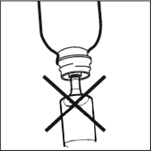 Dibujo en blanco y negro que muestra un vial con una gran cruz encima para indicar que no debe utilizarse de esa manera