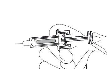 A hand holding a syringe with needle and plunger for the