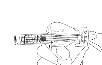 Technical drawing of a hand holding a medical device shaped like a syringe with an internal spring and central plunger