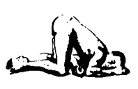 Dibujo estilizado en blanco y negro de una persona desnuda arrodillada con el tronco inclinado hacia adelante y la cabeza bajada hacia el suelo