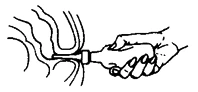 Dibujo en blanco y negro que muestra una mano sosteniendo un dispositivo médico para aplicarlo sobre la piel, con líneas onduladas que indican la