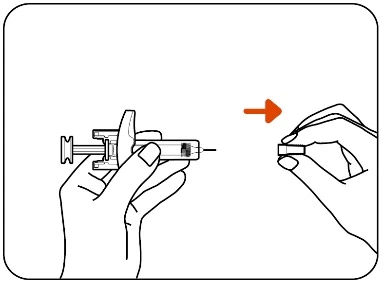 Dibujo esquemático de dos manos separando un dispositivo médico con una flecha naranja que indica el movimiento hacia la derecha
