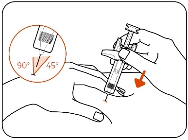 Dibujo técnico que muestra una mano insertando una aguja en un dedo, con un detalle ampliado que indica la