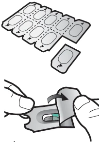 Illustration of a pill blister pack with an open package and hands peeling off a single dose from the aluminum foil