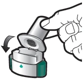 A hand removing the protective cap of a medical device via a rotational movement indicated by a black curved arrow