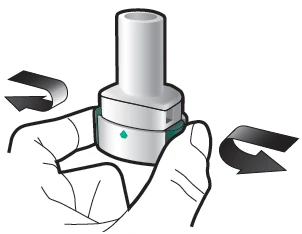 Two hands holding a cylindrical white medical device with curved arrows indicating a rotational movement to the right and left