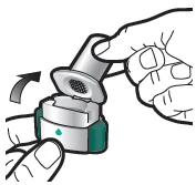 A hand rotating the protective cap of a medical device to unlock it from the white and green base with a movement toward the