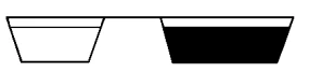 Black and white schematic drawing of two trapezoidal containers placed side by side, with the left one empty and the right one filled entirely with black color