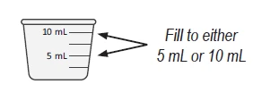 Diagramma di un contenitore con tacche graduate che indica di riempirlo fino al livello di 5 ml o 10 ml tramite due frecce direzionali