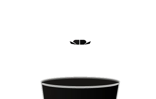 Disegno stilizzato in bianco e nero di un contenitore circolare con un coperchio aperto sospeso sopra di esso su sfondo bianco