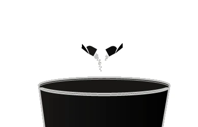 Polvere bianca che cade da una bustina aperta sopra un contenitore nero circolare in un'illustrazione medica stilizzata su sfondo bianco