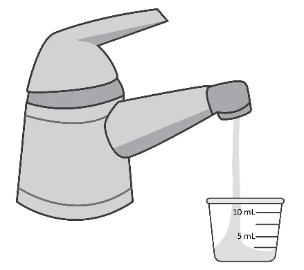 Illustrazione di un rubinetto grigio che versa un liquido in un bicchiere graduato con indicazioni di 5 mL e 10 mL