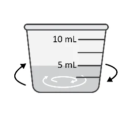 Disegno di un contenitore graduato con liquido fino a 5 ml e frecce curve che indicano un movimento di rotazione circolare