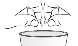 Disegno schematico che mostra due flaconi di medicinale che vengono aperti e versano la polvere all'interno di un contenitore cilindrico