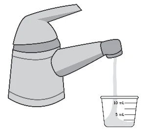 Dispensatore di acqua che versa un liquido in un bicchiere graduato con indicazioni di 5 mL e 10 mL