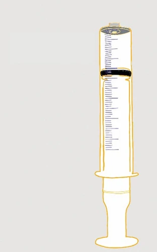 Dibujo estilizado de una jeringa médica vertical con cuerpo cilíndrico graduado, émbolo interno y base en forma de pomo sobre fondo gris claro
