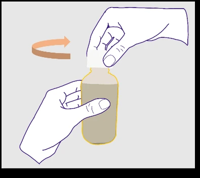 Dos manos sostienen un frasco de medicamento mientras la mano superior gira la tapa en sentido horario indicado por una flecha naranja