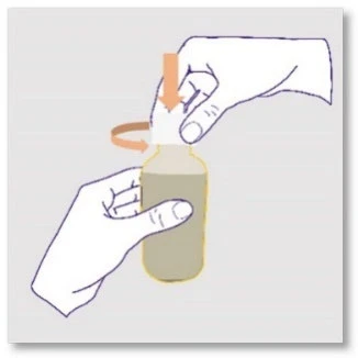 Dos manos manipulando un frasco de medicamento con una flecha naranja hacia abajo y una flecha curva que indica un movimiento rotatorio de la tapa