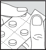 Two hands holding a pill blister pack with dashed lines separating individual circular tablets against a light gray background