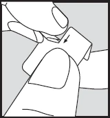 Two hands holding and lifting a flap of a white cylindrical container with a black arrow indicating the direction of movement