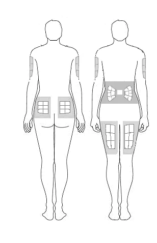 Diagram dwóch sylwetek ludzkich widzianych od tyłu, pokazujących szare prostokątne obszary do