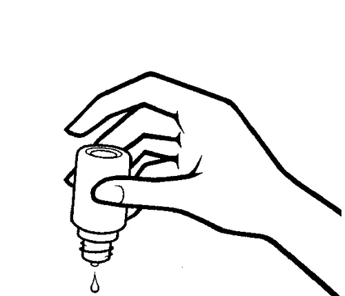 Dibujo en blanco y negro de una mano que sostiene un frasco boca abajo del que sale una gota de líquido
