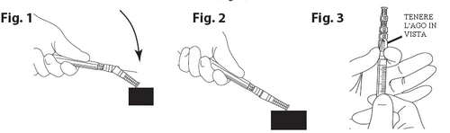 Three illustrations showing how to hold and tilt a syringe for administration