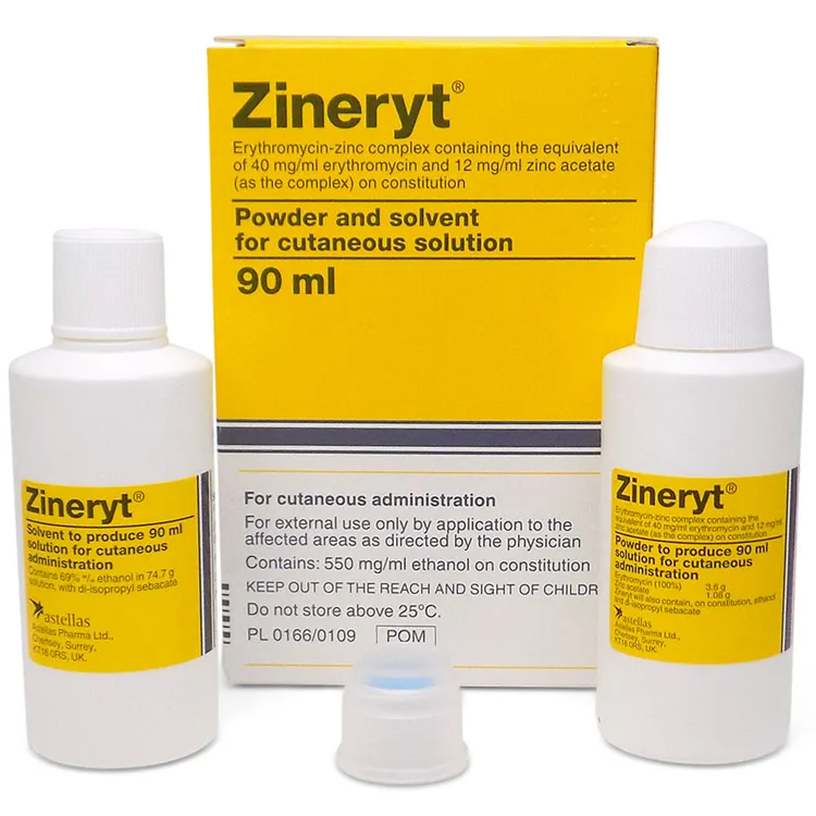 Zineryt solution for skin application, powder and solvent